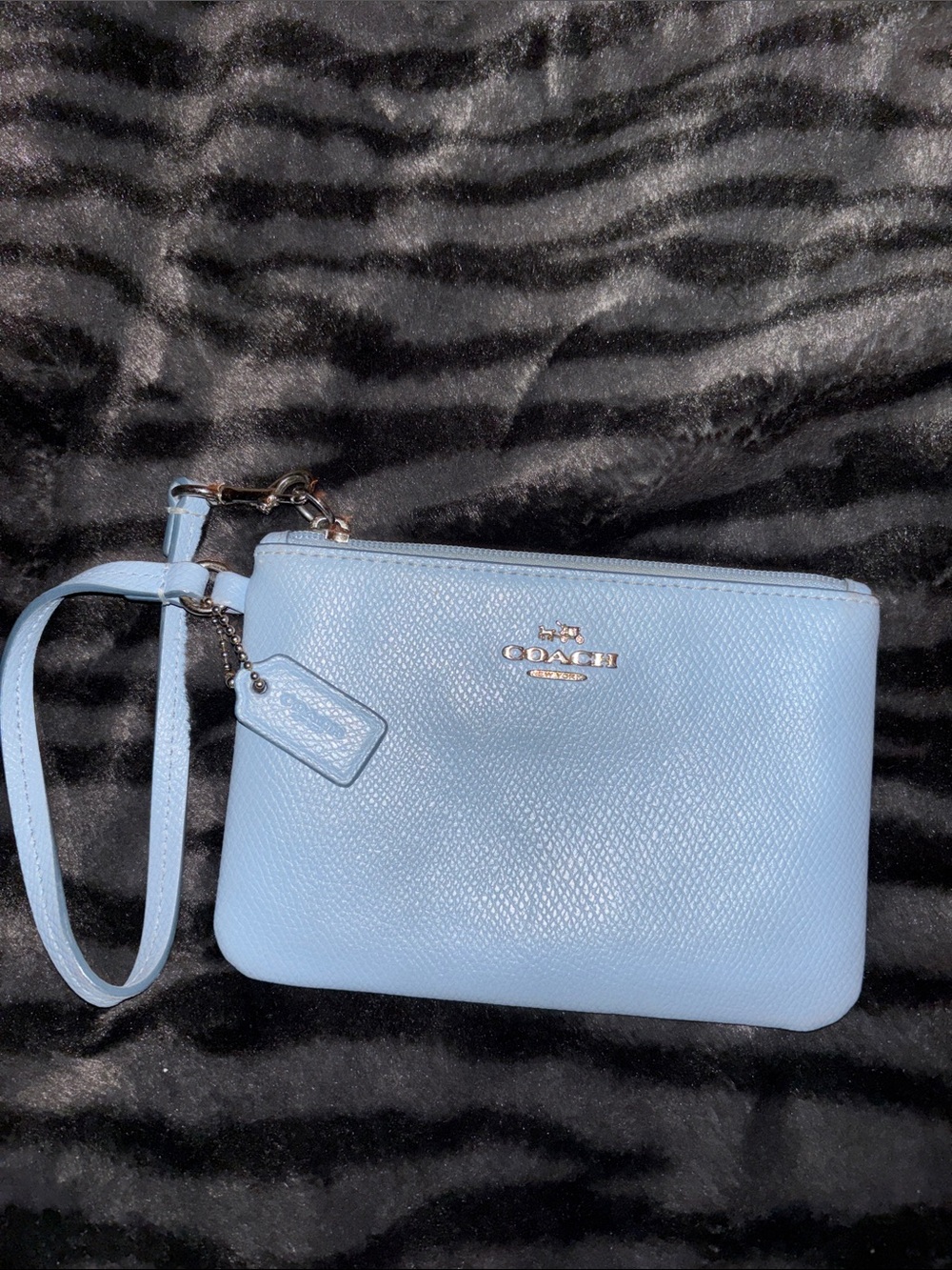 Coach Light Blue Pebbled Leather Wristlet